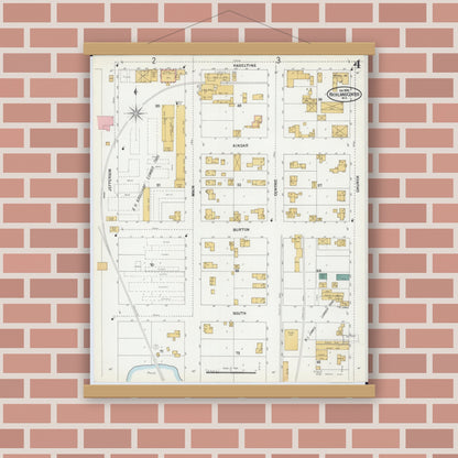 Old map wall art mockup — magnetic wood frame on brick wall — Sanborn Fire Insurance Map from Richland Center, Richland County, Wisconsin (1899), Sheet #0004