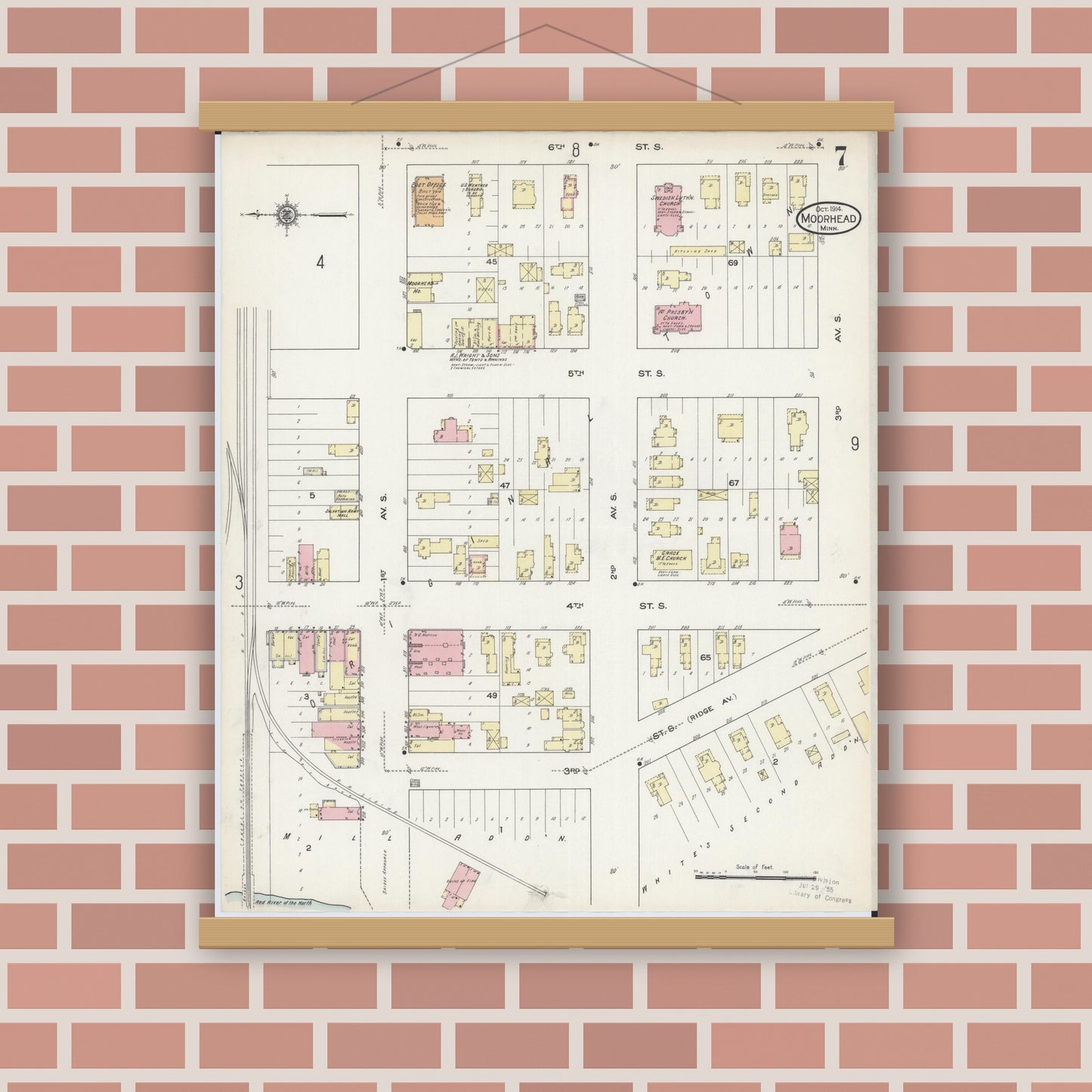 Old map wall art mockup — magnetic wood frame on brick wall — Sanborn Fire Insurance Map from Moorhead, Clay County, Minnesota (1914), Sheet #0007