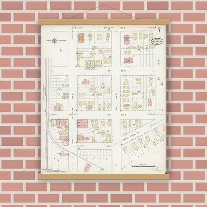 Old map wall art mockup — magnetic wood frame on brick wall — Sanborn Fire Insurance Map from Moorhead, Clay County, Minnesota (1914), Sheet #0007