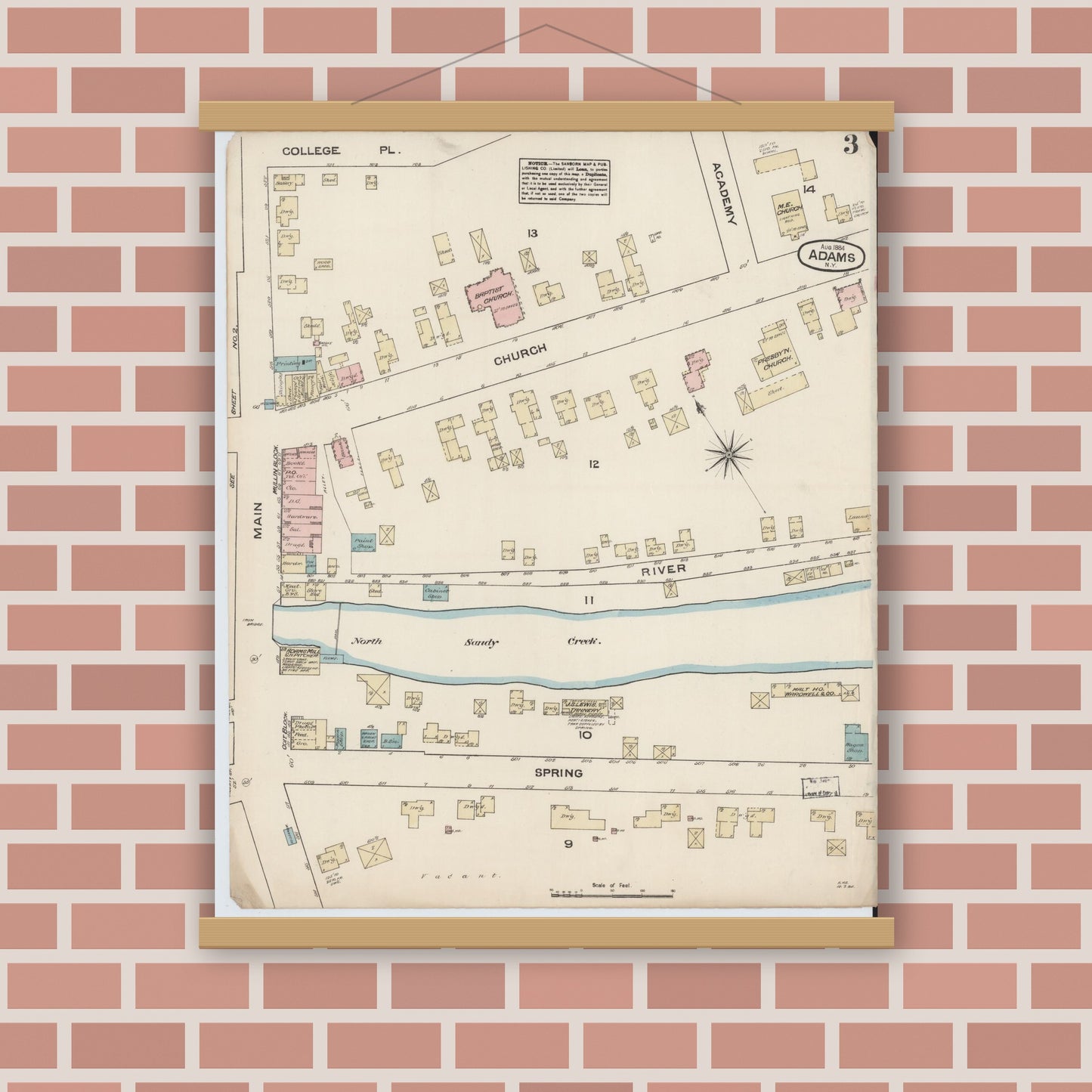 Old map wall art mockup — magnetic wood frame on brick wall — Sanborn Fire Insurance Map from Adams, Jefferson County, New York (1884), Sheet #0003