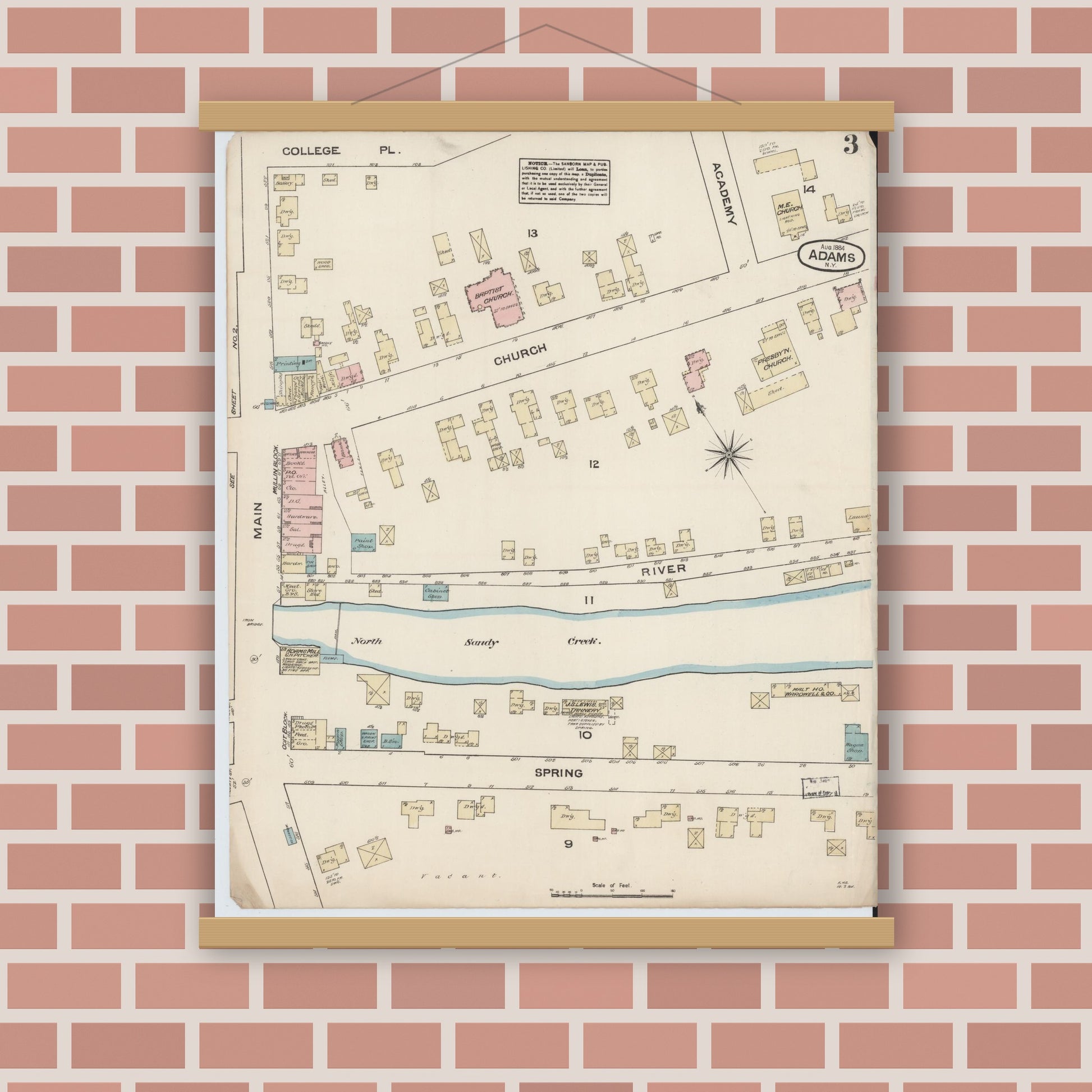 Old map wall art mockup — magnetic wood frame on brick wall — Sanborn Fire Insurance Map from Adams, Jefferson County, New York (1884), Sheet #0003