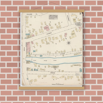 Old map wall art mockup — magnetic wood frame on brick wall — Sanborn Fire Insurance Map from Adams, Jefferson County, New York (1884), Sheet #0003