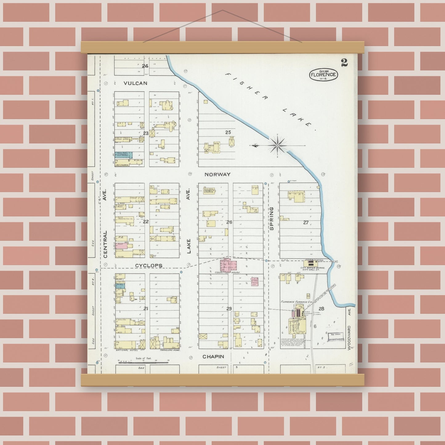 Old map wall art mockup — magnetic wood frame on brick wall — Sanborn Fire Insurance Map from Florence, Florence County, Wisconsin (1891) - Complete Map Set