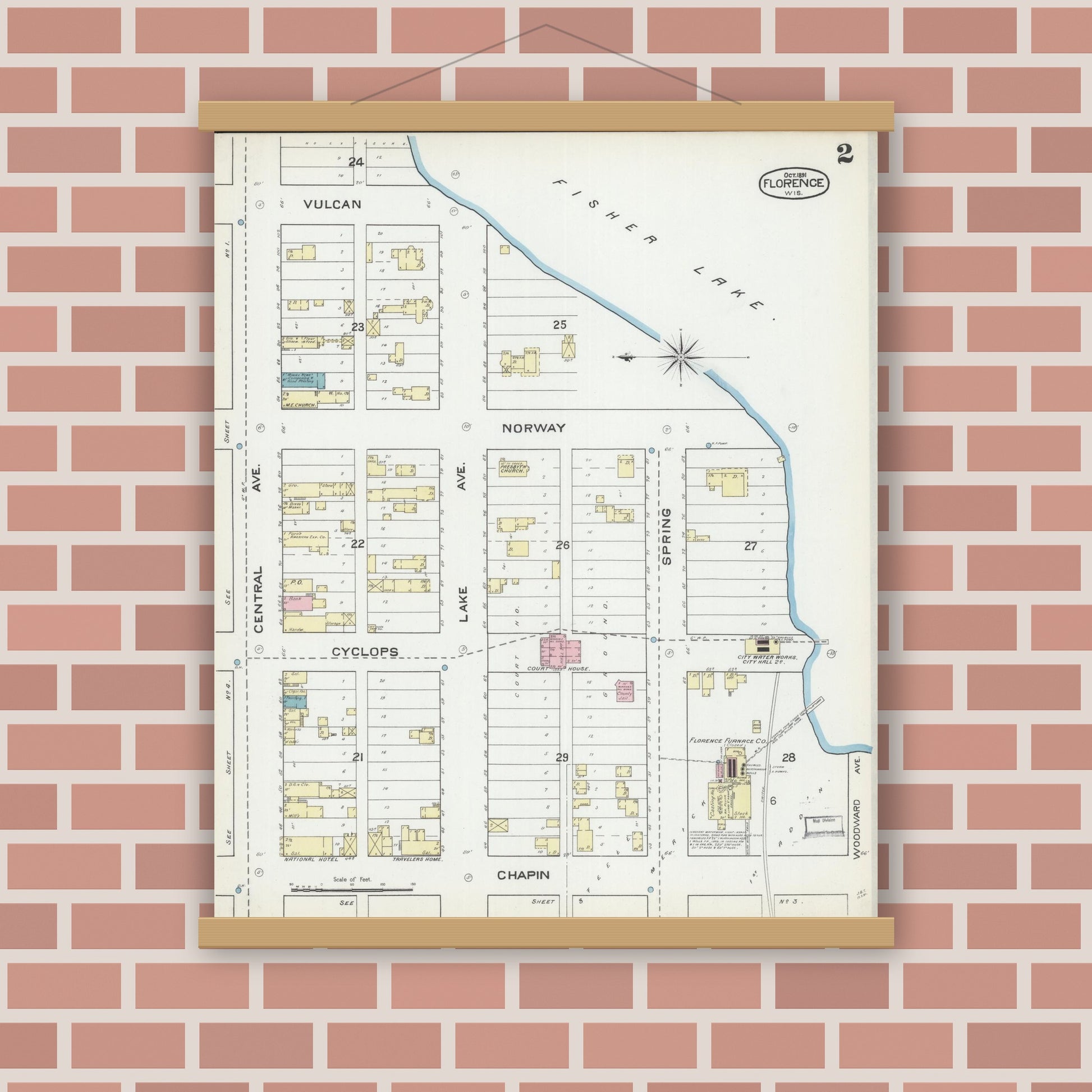 Old map wall art mockup — magnetic wood frame on brick wall — Sanborn Fire Insurance Map from Florence, Florence County, Wisconsin (1891) - Complete Map Set