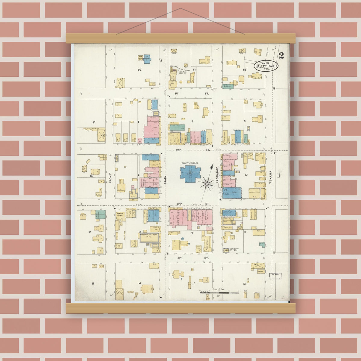 Old map wall art mockup — magnetic wood frame on brick wall — Sanborn Fire Insurance Map from Hallettsville, Lavaca County, Texas (1906), Sheet #0002
