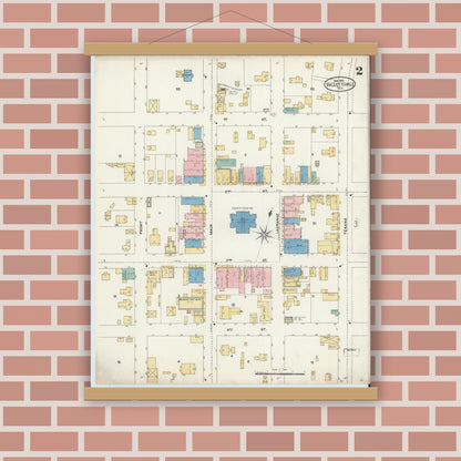 Old map wall art mockup — magnetic wood frame on brick wall — Sanborn Fire Insurance Map from Hallettsville, Lavaca County, Texas (1906), Sheet #0002
