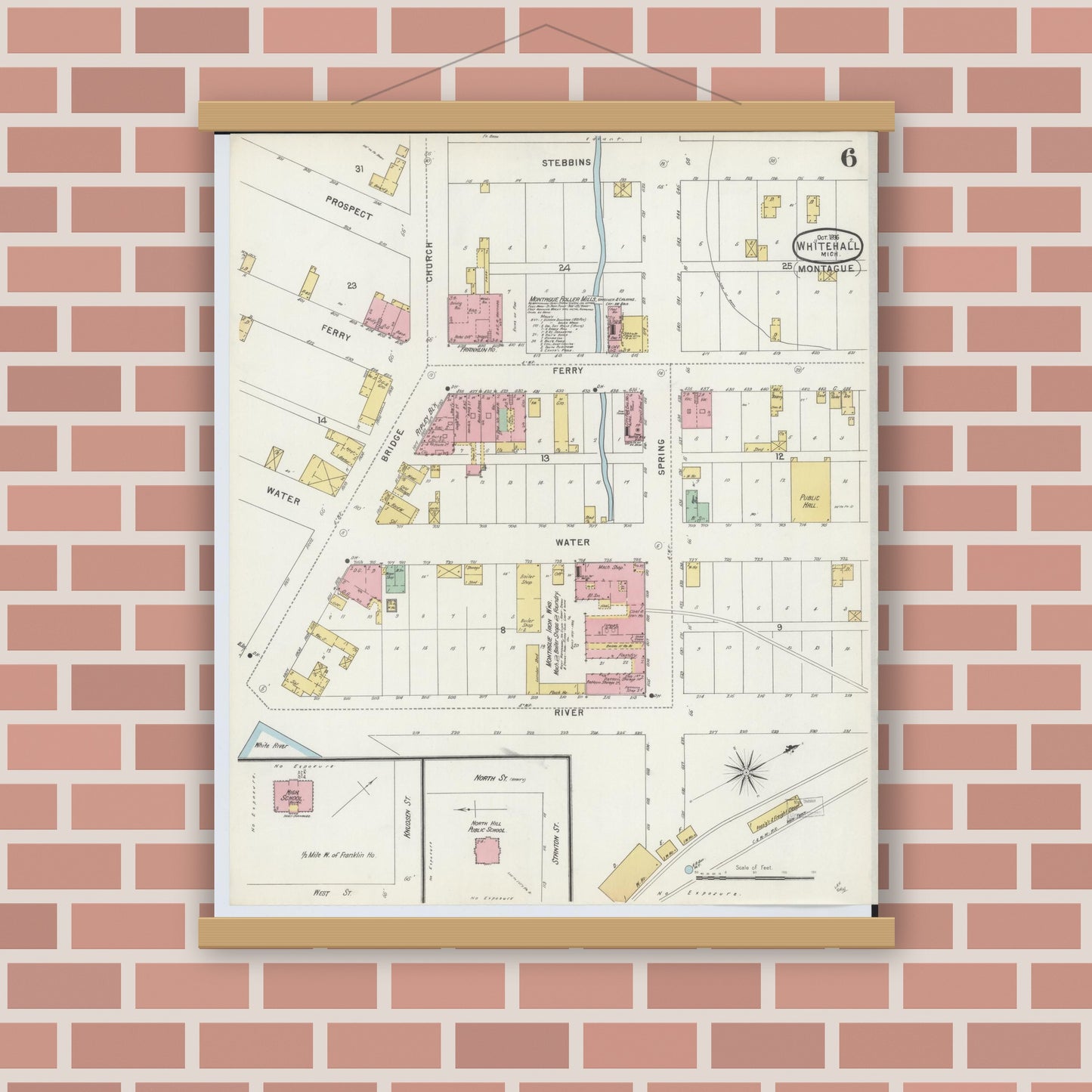 Old map wall art mockup — magnetic wood frame on brick wall — Sanborn Fire Insurance Map from Whitehall, Muskegon County, Michigan (1896), Sheet #0006