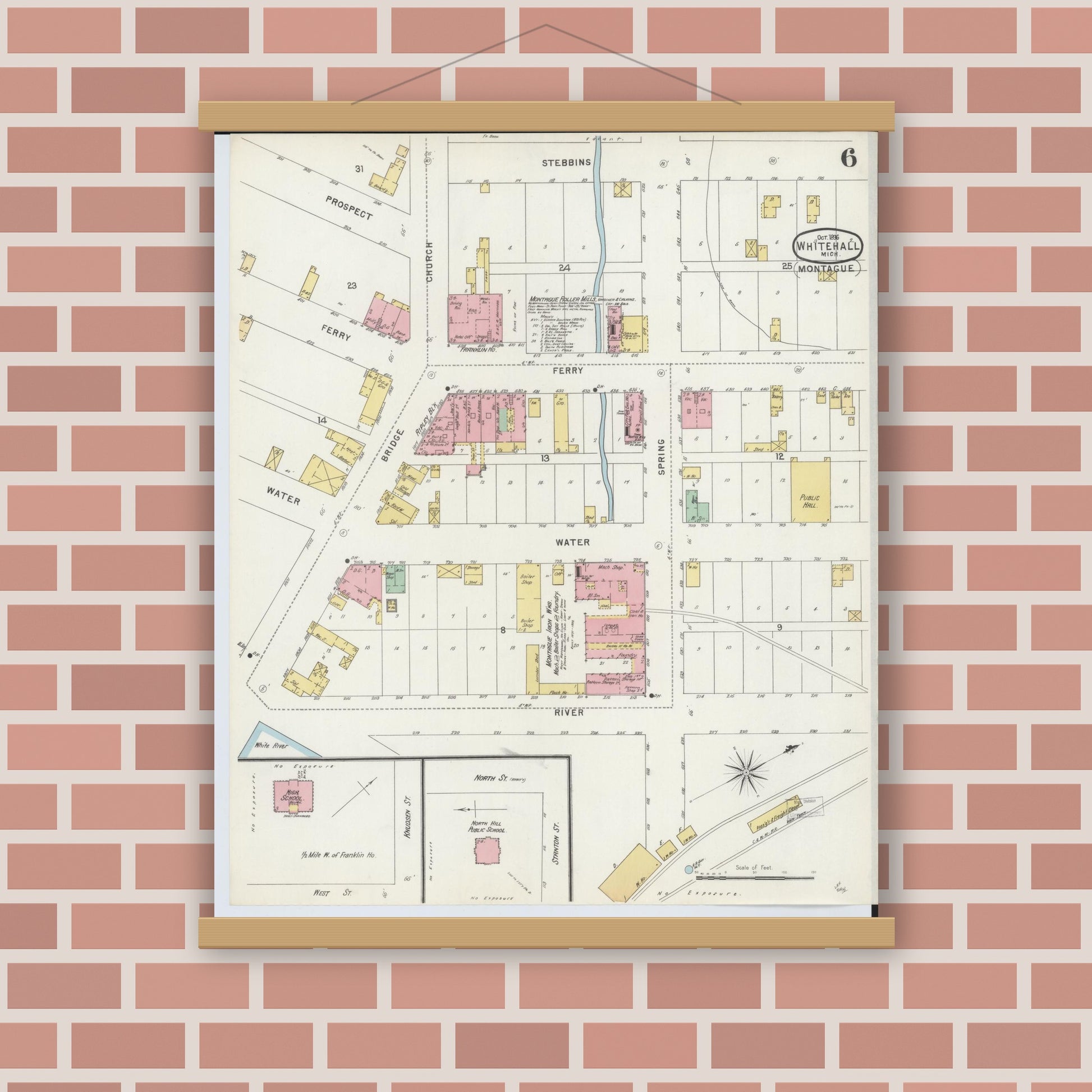 Old map wall art mockup — magnetic wood frame on brick wall — Sanborn Fire Insurance Map from Whitehall, Muskegon County, Michigan (1896), Sheet #0006