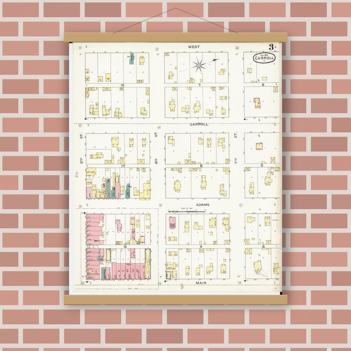 Old map wall art mockup — magnetic wood frame on brick wall — Sanborn Fire Insurance Map from Carroll, Carroll County, Iowa (1893), Sheet #0003