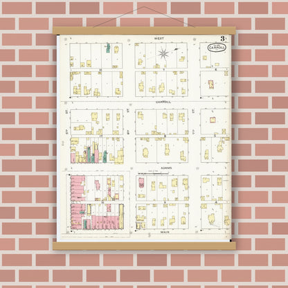 Old map wall art mockup — magnetic wood frame on brick wall — Sanborn Fire Insurance Map from Carroll, Carroll County, Iowa (1893), Sheet #0003