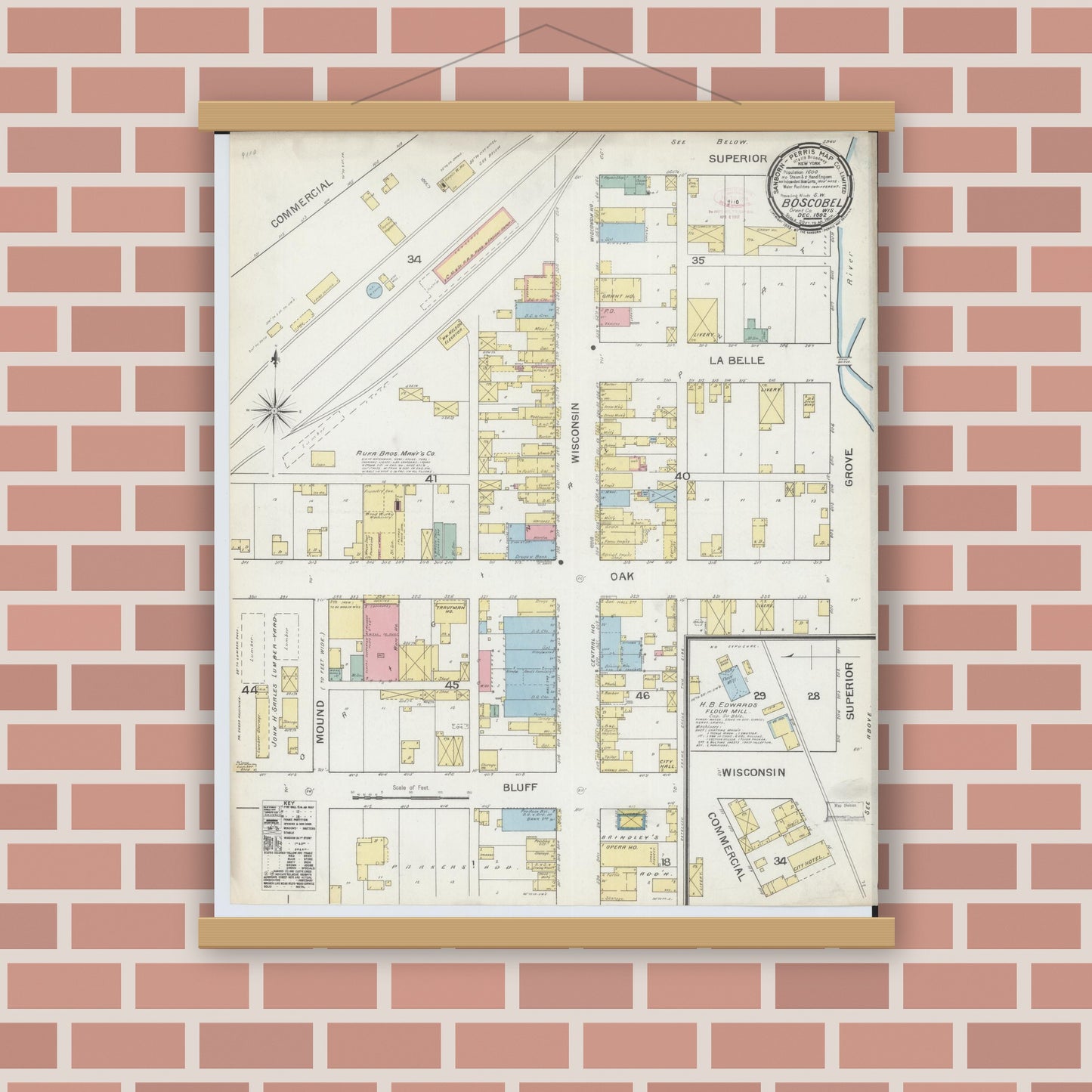 Old map wall art mockup — magnetic wood frame on brick wall — Sanborn Fire Insurance Map from Boscobel, Grant County, Wisconsin (1892), Sheet #0001