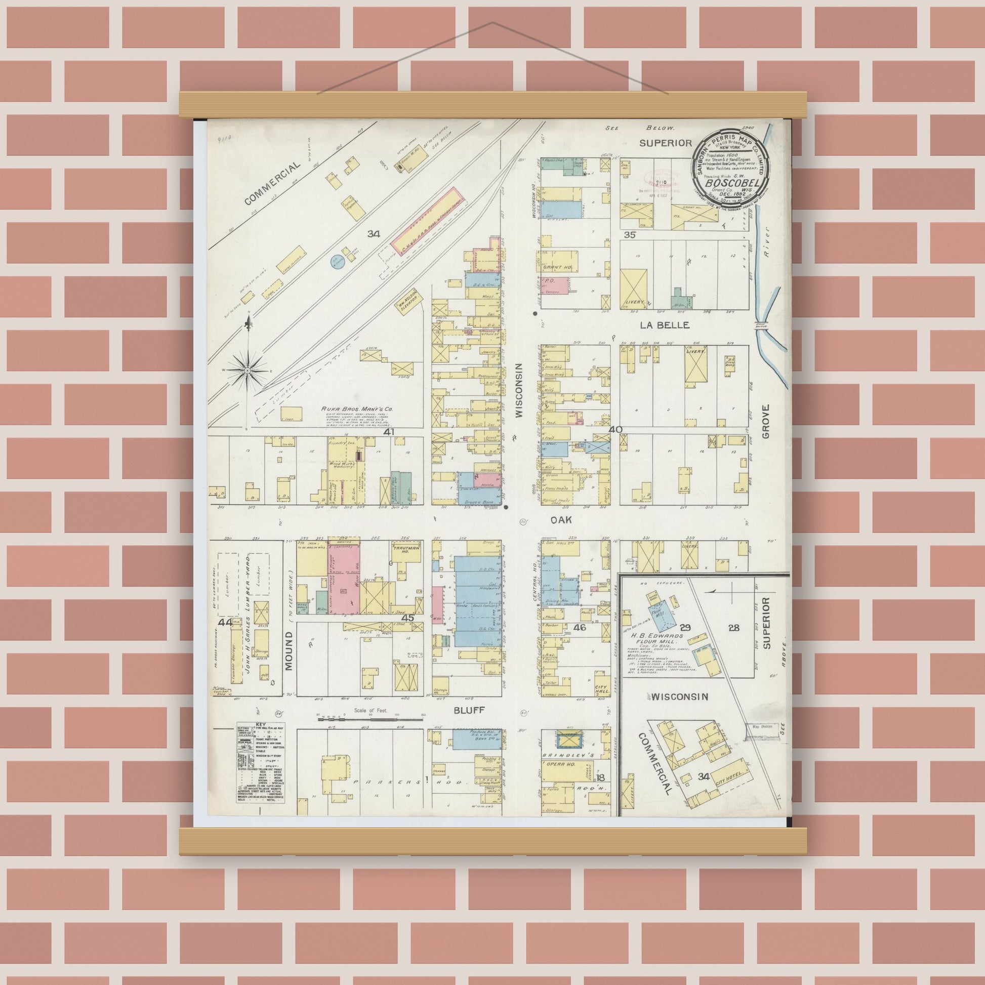 Old map wall art mockup — magnetic wood frame on brick wall — Sanborn Fire Insurance Map from Boscobel, Grant County, Wisconsin (1892), Sheet #0001