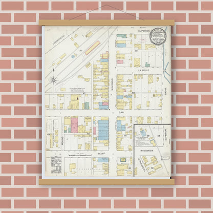 Old map wall art mockup — magnetic wood frame on brick wall — Sanborn Fire Insurance Map from Boscobel, Grant County, Wisconsin (1892), Sheet #0001