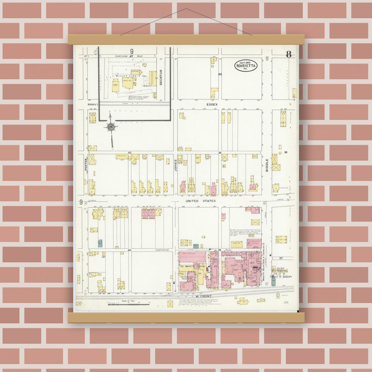 Old map wall art mockup — magnetic wood frame on brick wall — Sanborn Fire Insurance Map from Marietta, Lancaster County, Pennsylvania (1909), Sheet #0008