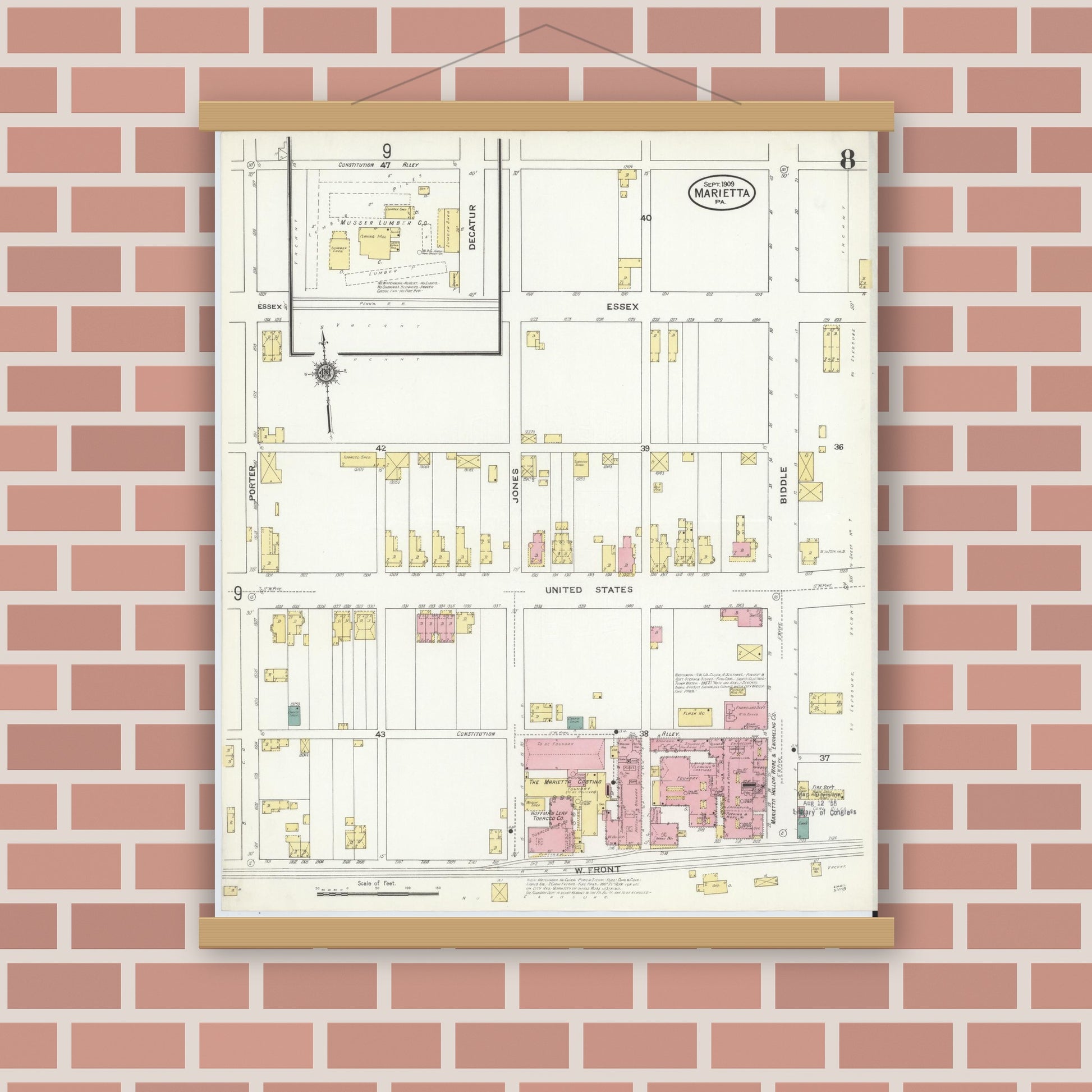 Old map wall art mockup — magnetic wood frame on brick wall — Sanborn Fire Insurance Map from Marietta, Lancaster County, Pennsylvania (1909), Sheet #0008