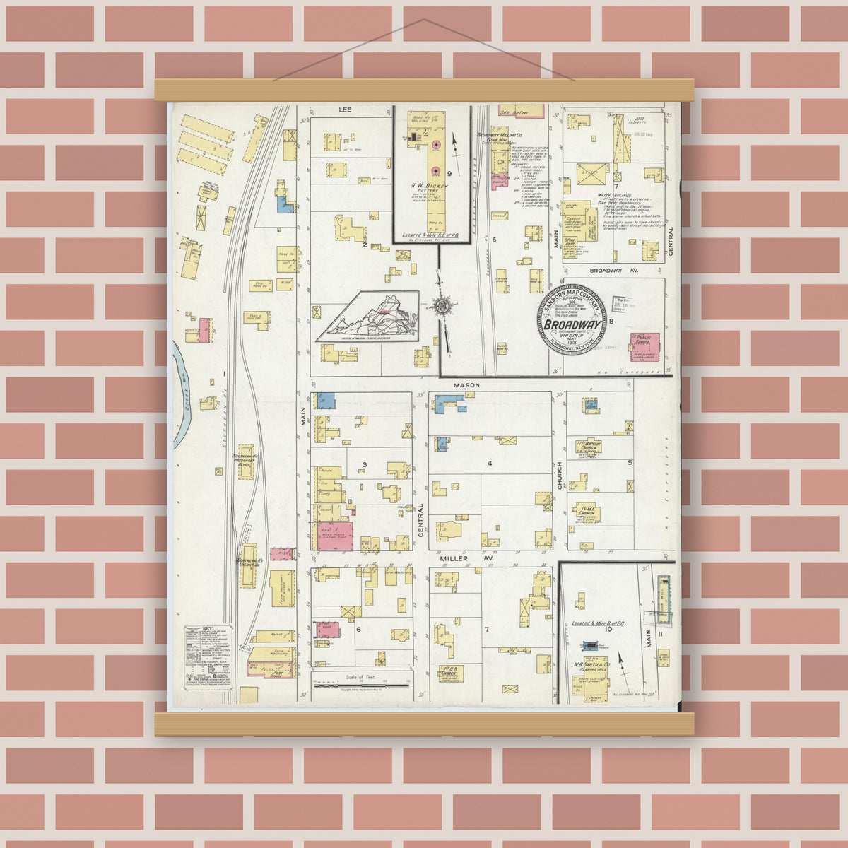 Old map wall art mockup — magnetic wood frame on brick wall — Sanborn Fire Insurance Map from Broadway, Rockingham County, Virginia (1918), Sheet #0001