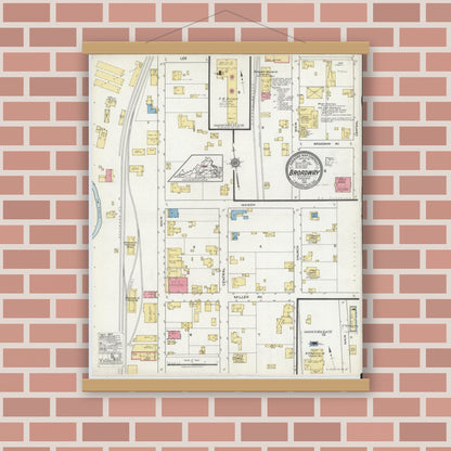 Old map wall art mockup — magnetic wood frame on brick wall — Sanborn Fire Insurance Map from Broadway, Rockingham County, Virginia (1918), Sheet #0001