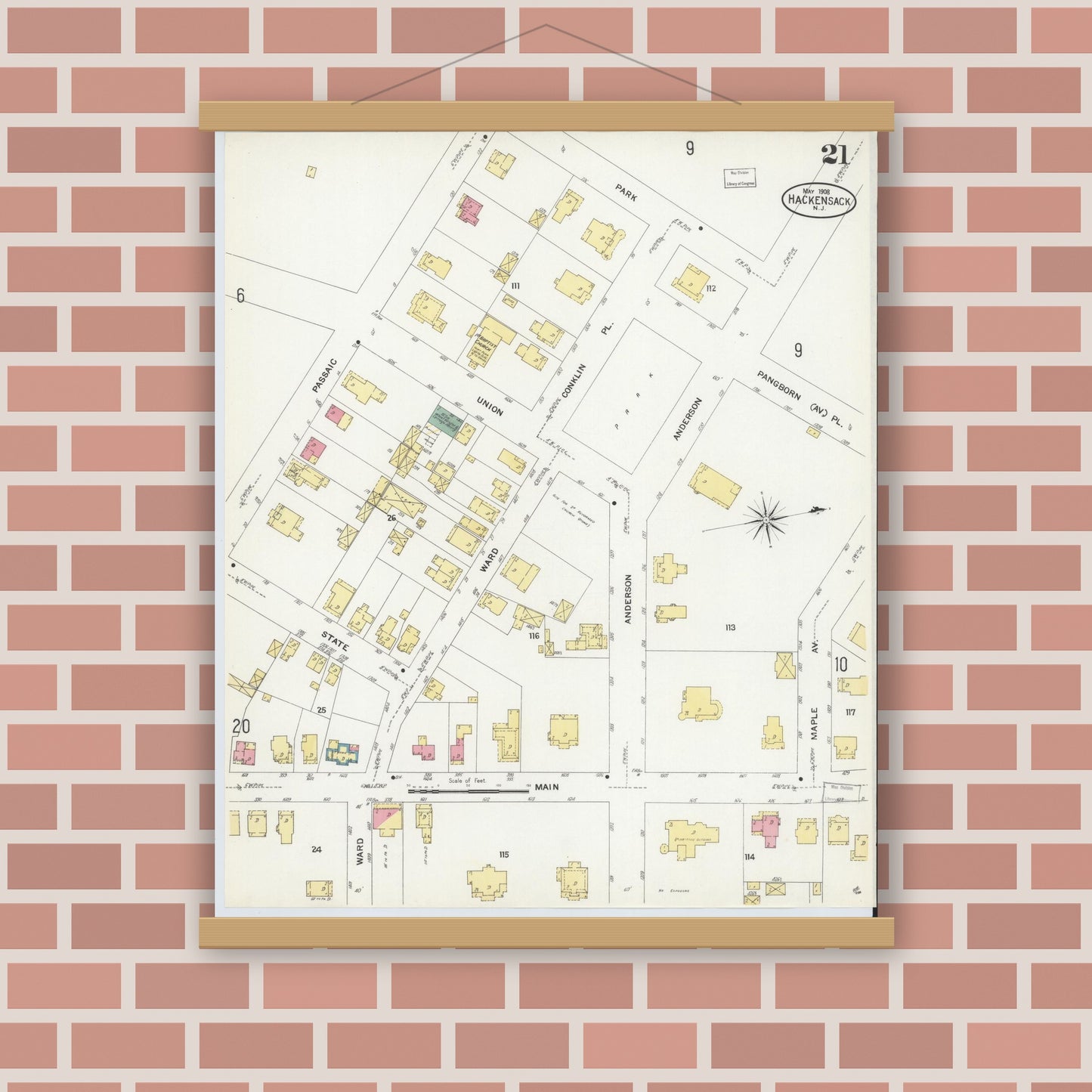 Old map wall art mockup — magnetic wood frame on brick wall — Sanborn Fire Insurance Map from Hackensack, Bergen County, New Jersey (1908), Sheet #0021