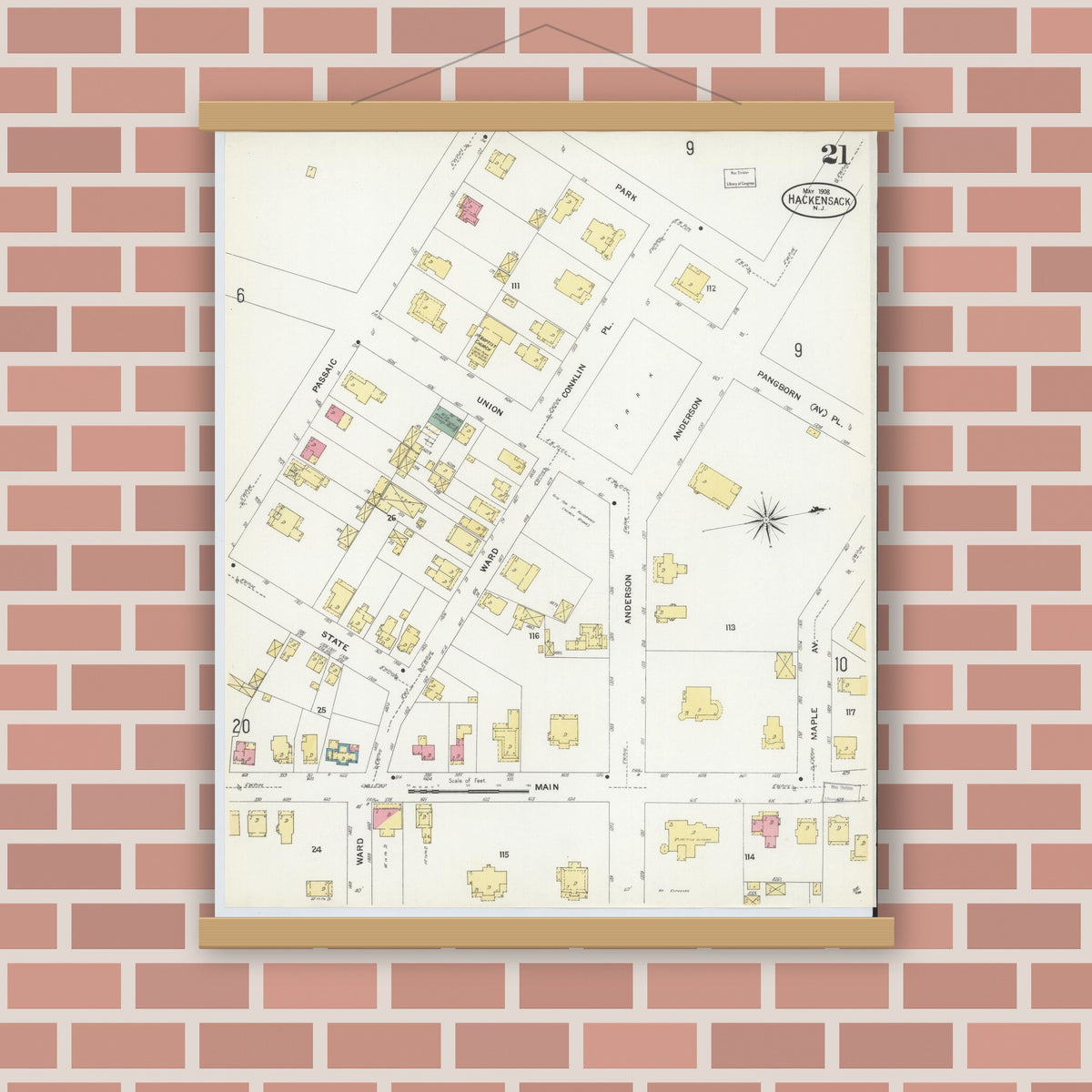 Old map wall art mockup — magnetic wood frame on brick wall — Sanborn Fire Insurance Map from Hackensack, Bergen County, New Jersey (1908), Sheet #0021