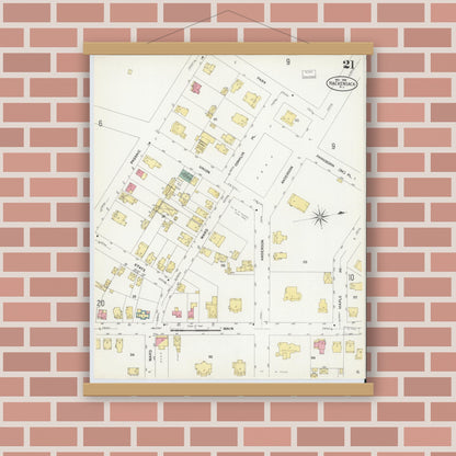 Old map wall art mockup — magnetic wood frame on brick wall — Sanborn Fire Insurance Map from Hackensack, Bergen County, New Jersey (1908), Sheet #0021