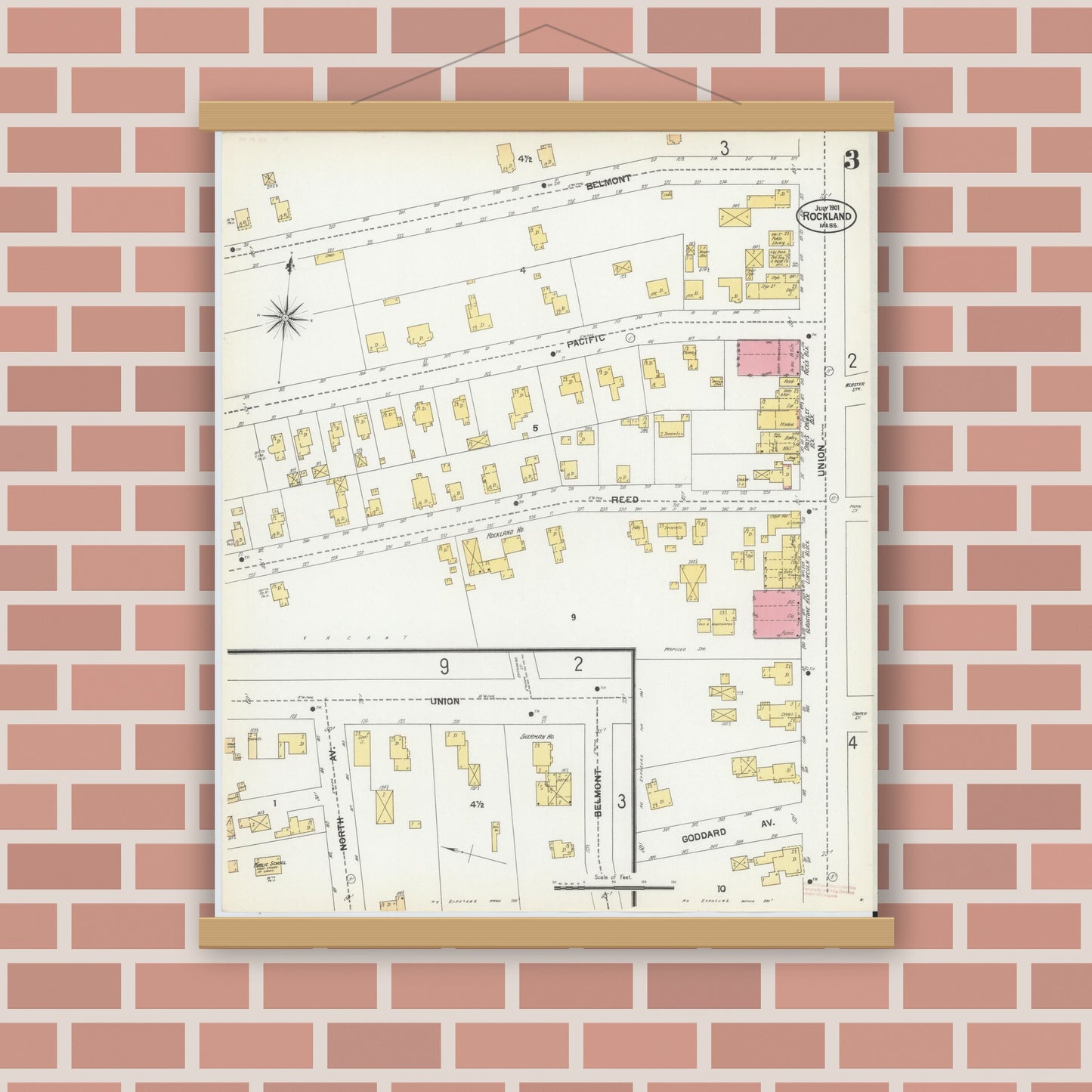 Old map wall art mockup — magnetic wood frame on brick wall — Sanborn Fire Insurance Map from Rockland, Plymouth County, Massachusetts (1901), Sheet #0003
