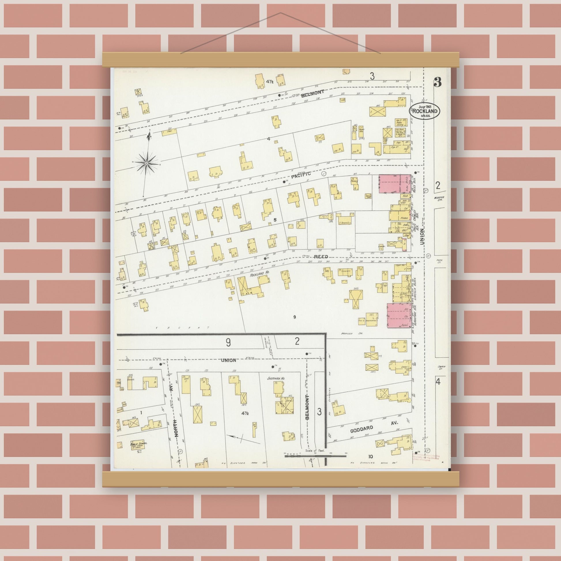 Old map wall art mockup — magnetic wood frame on brick wall — Sanborn Fire Insurance Map from Rockland, Plymouth County, Massachusetts (1901), Sheet #0003