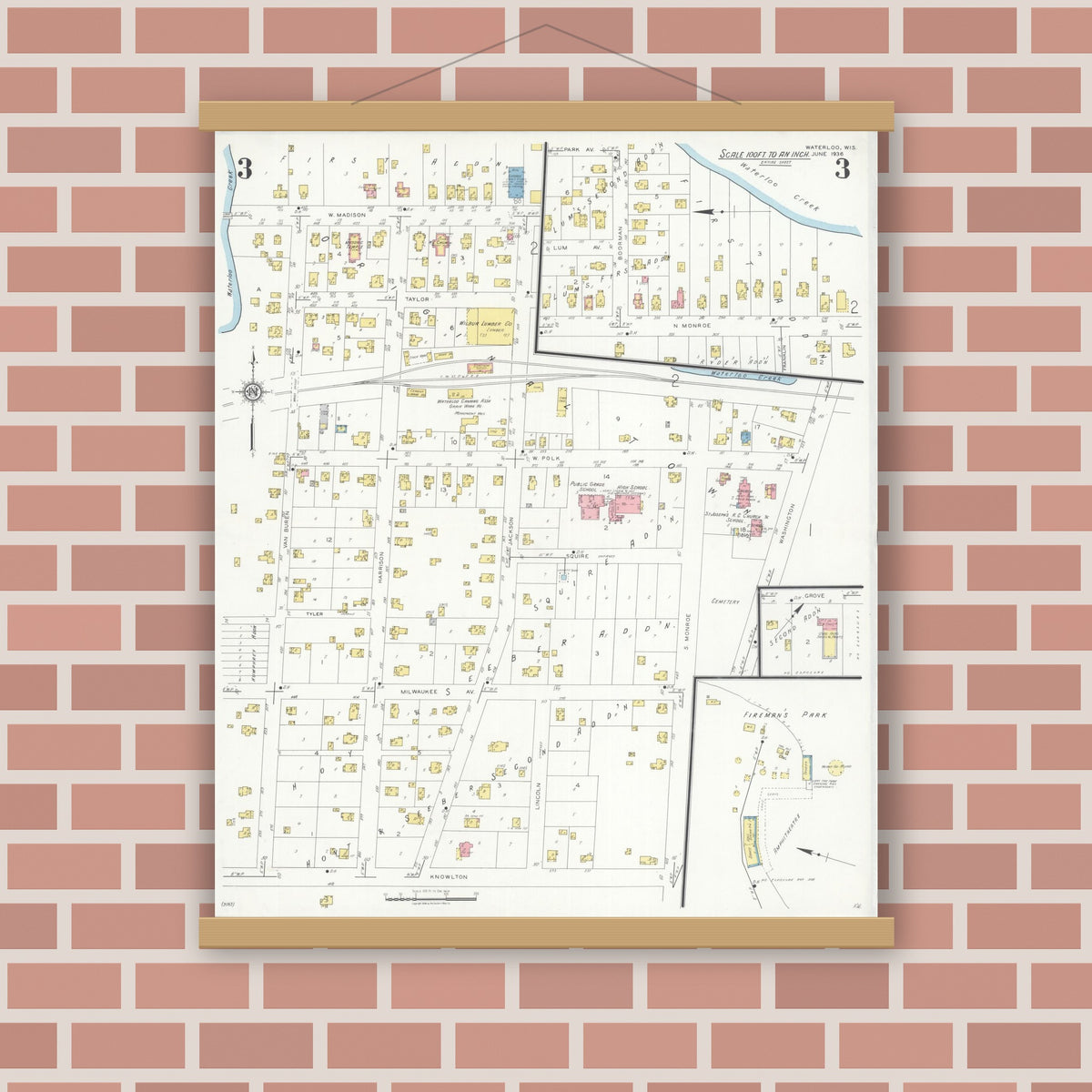 Old map wall art mockup — magnetic wood frame on brick wall — Sanborn Fire Insurance Map from Waterloo, Jefferson County, Wisconsin (1936), Sheet #0003