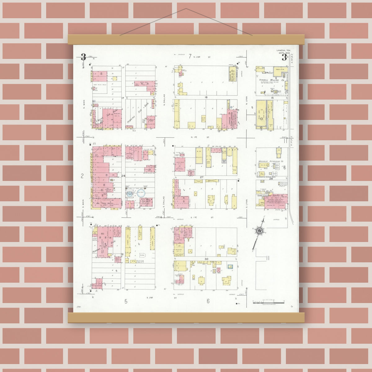 Old map wall art mockup — magnetic wood frame on brick wall — Sanborn Fire Insurance Map from Lamesa, Dawson County, Texas (1939), Sheet #0003