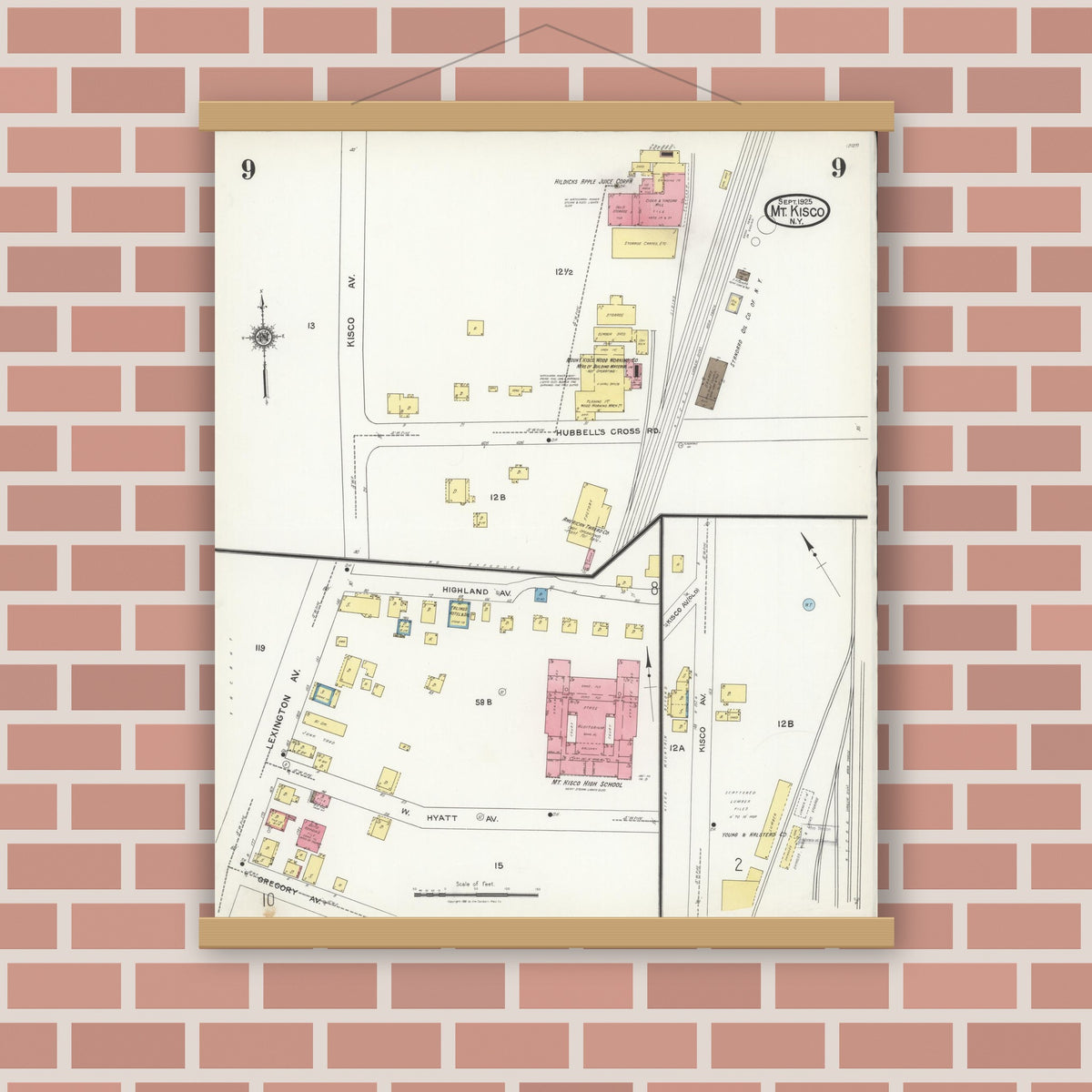 Old map wall art mockup — magnetic wood frame on brick wall — Sanborn Fire Insurance Map from Mount Kisco, Westchester County, New York (1925), Sheet #0009