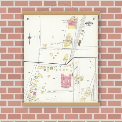 Old map wall art mockup — magnetic wood frame on brick wall — Sanborn Fire Insurance Map from Mount Kisco, Westchester County, New York (1925), Sheet #0009