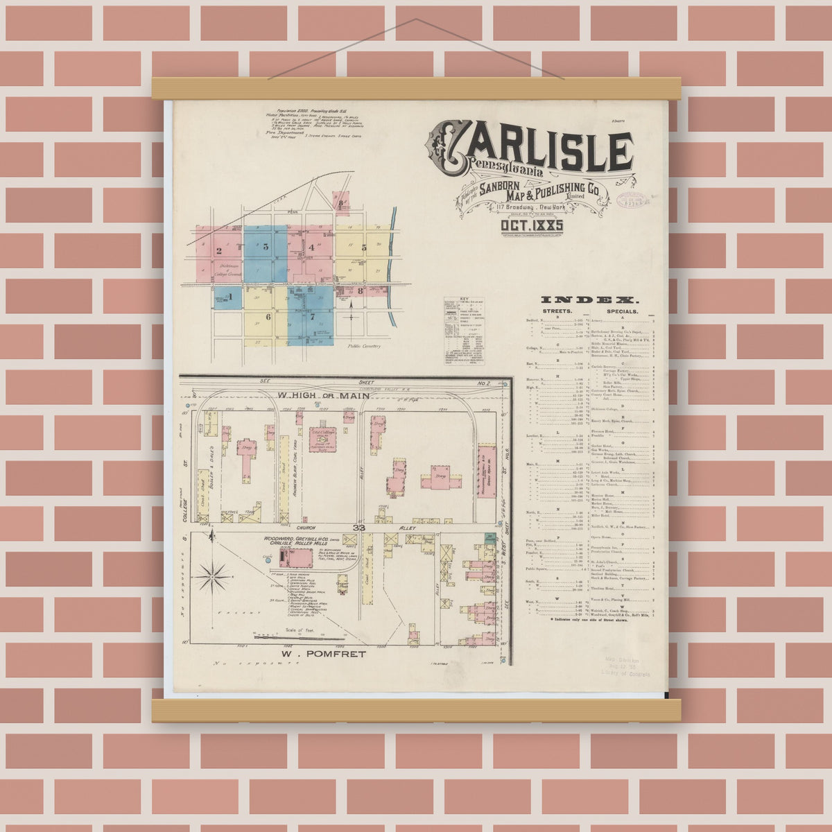 Old map wall art mockup — magnetic wood frame on brick wall — Sanborn Fire Insurance Map from Carlisle, Cumberland County, Pennsylvania (1885) - Complete Map Set
