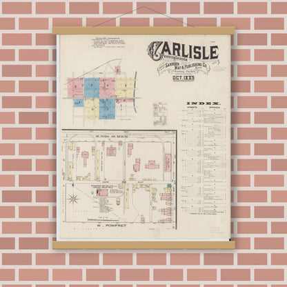 Old map wall art mockup — magnetic wood frame on brick wall — Sanborn Fire Insurance Map from Carlisle, Cumberland County, Pennsylvania (1885) - Complete Map Set