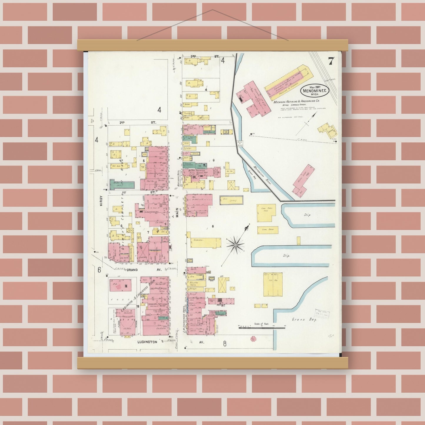 Old map wall art mockup — magnetic wood frame on brick wall — Sanborn Fire Insurance Map from Menominee, Menominee County, Michigan (1907), Sheet #0007