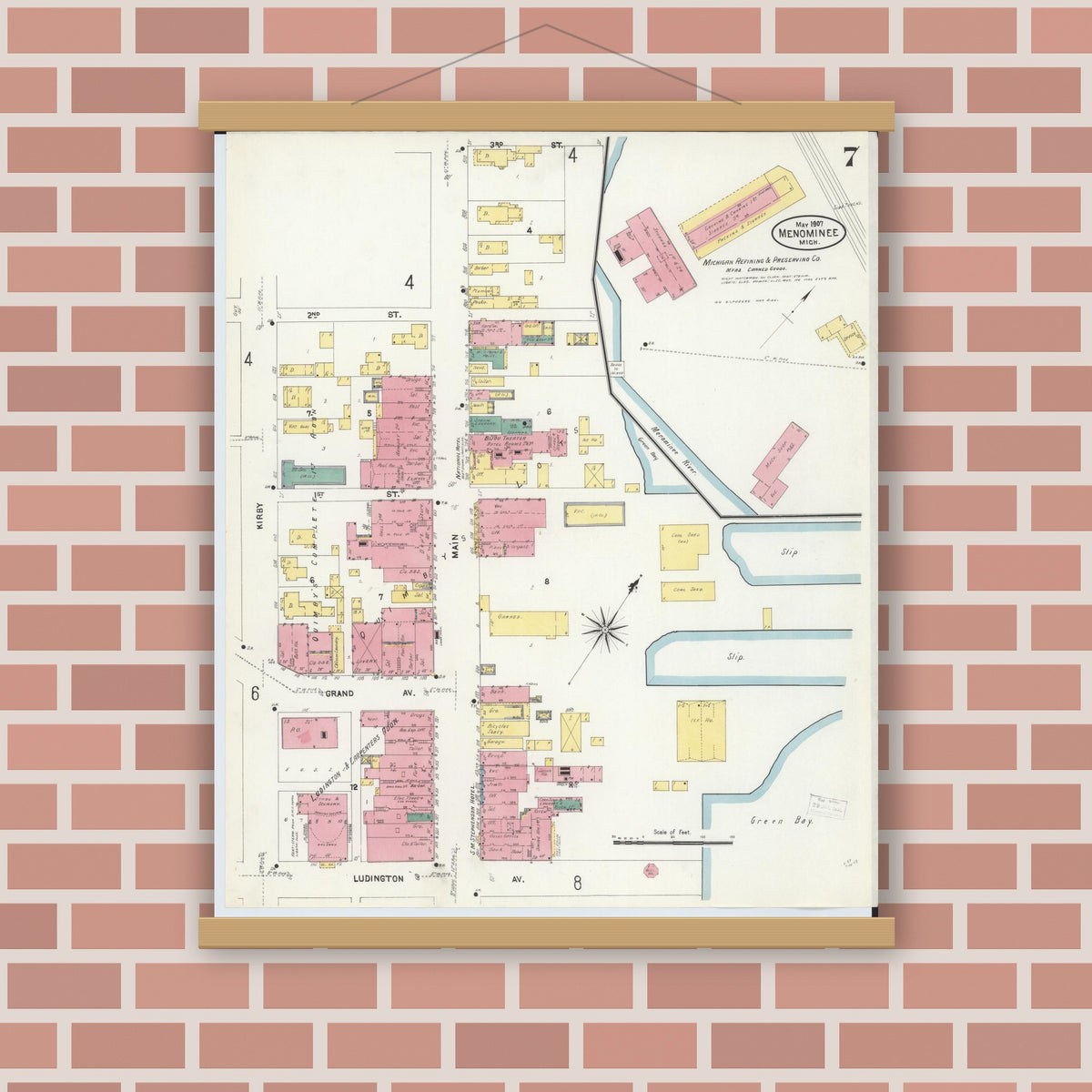 Old map wall art mockup — magnetic wood frame on brick wall — Sanborn Fire Insurance Map from Menominee, Menominee County, Michigan (1907), Sheet #0007