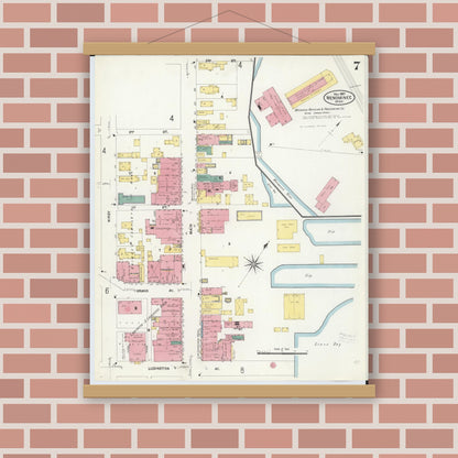 Old map wall art mockup — magnetic wood frame on brick wall — Sanborn Fire Insurance Map from Menominee, Menominee County, Michigan (1907), Sheet #0007