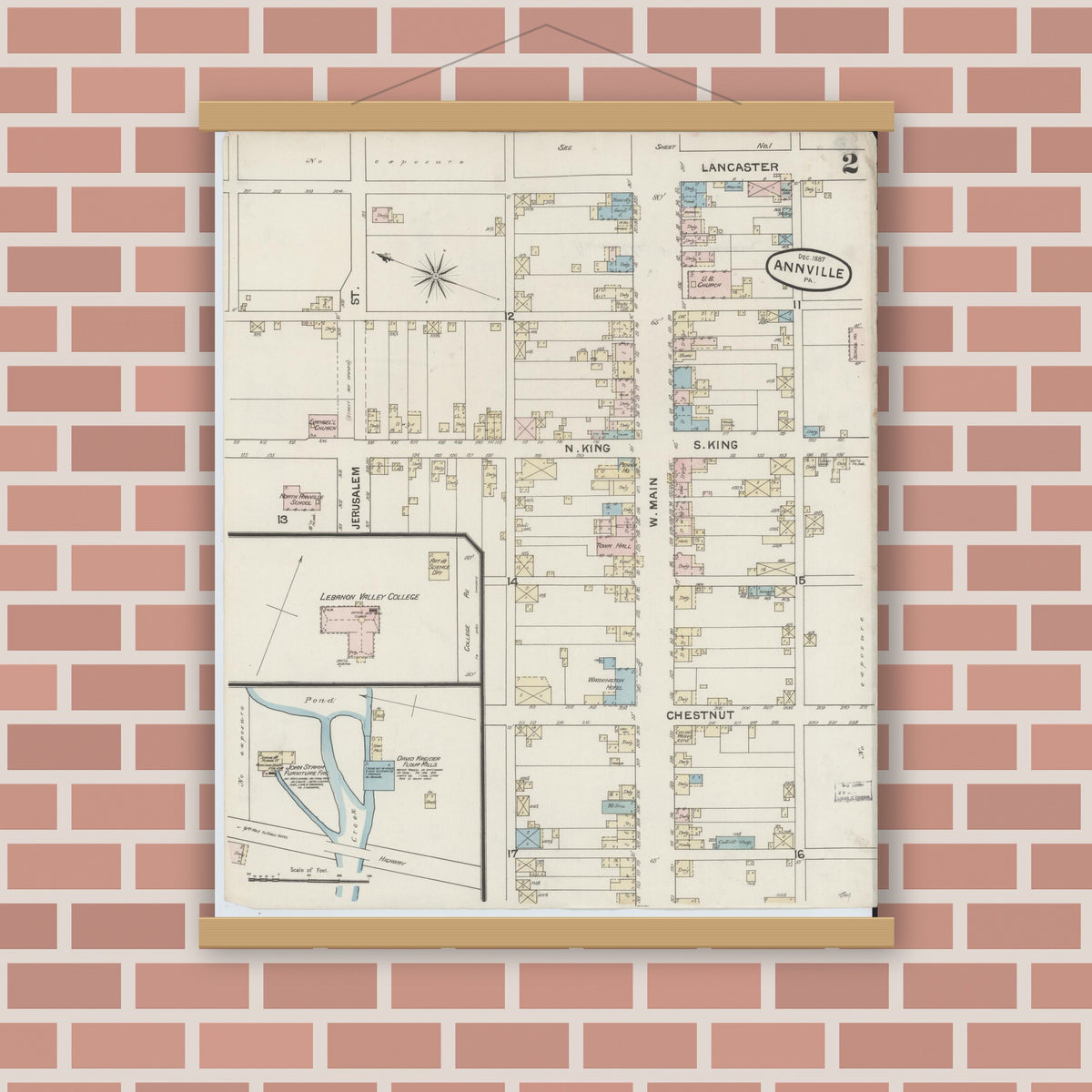 Old map wall art mockup — magnetic wood frame on brick wall — Sanborn Fire Insurance Map from Annville, Lebanon County, Pennsylvania (1887), Sheet #0002