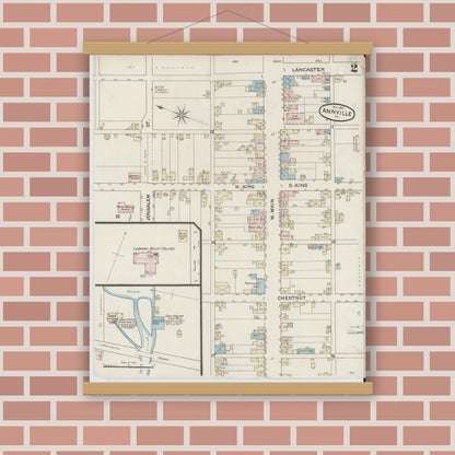 Old map wall art mockup — magnetic wood frame on brick wall — Sanborn Fire Insurance Map from Annville, Lebanon County, Pennsylvania (1887), Sheet #0002
