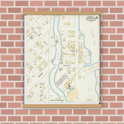 Old map wall art mockup — magnetic wood frame on brick wall — Sanborn Fire Insurance Map from East Tawas, Iosco County, Michigan (1890), Sheet #0002