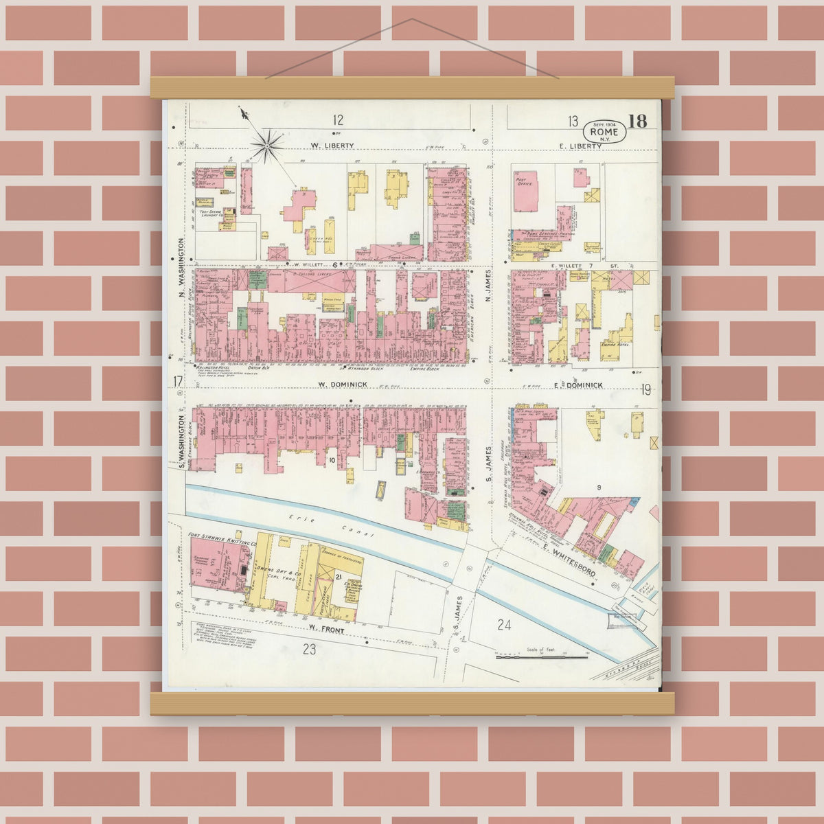 Old map wall art mockup — magnetic wood frame on brick wall — Sanborn Fire Insurance Map from Rome, Oneida County, New York (1904), Sheet #0018