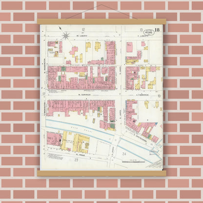 Old map wall art mockup — magnetic wood frame on brick wall — Sanborn Fire Insurance Map from Rome, Oneida County, New York (1904), Sheet #0018