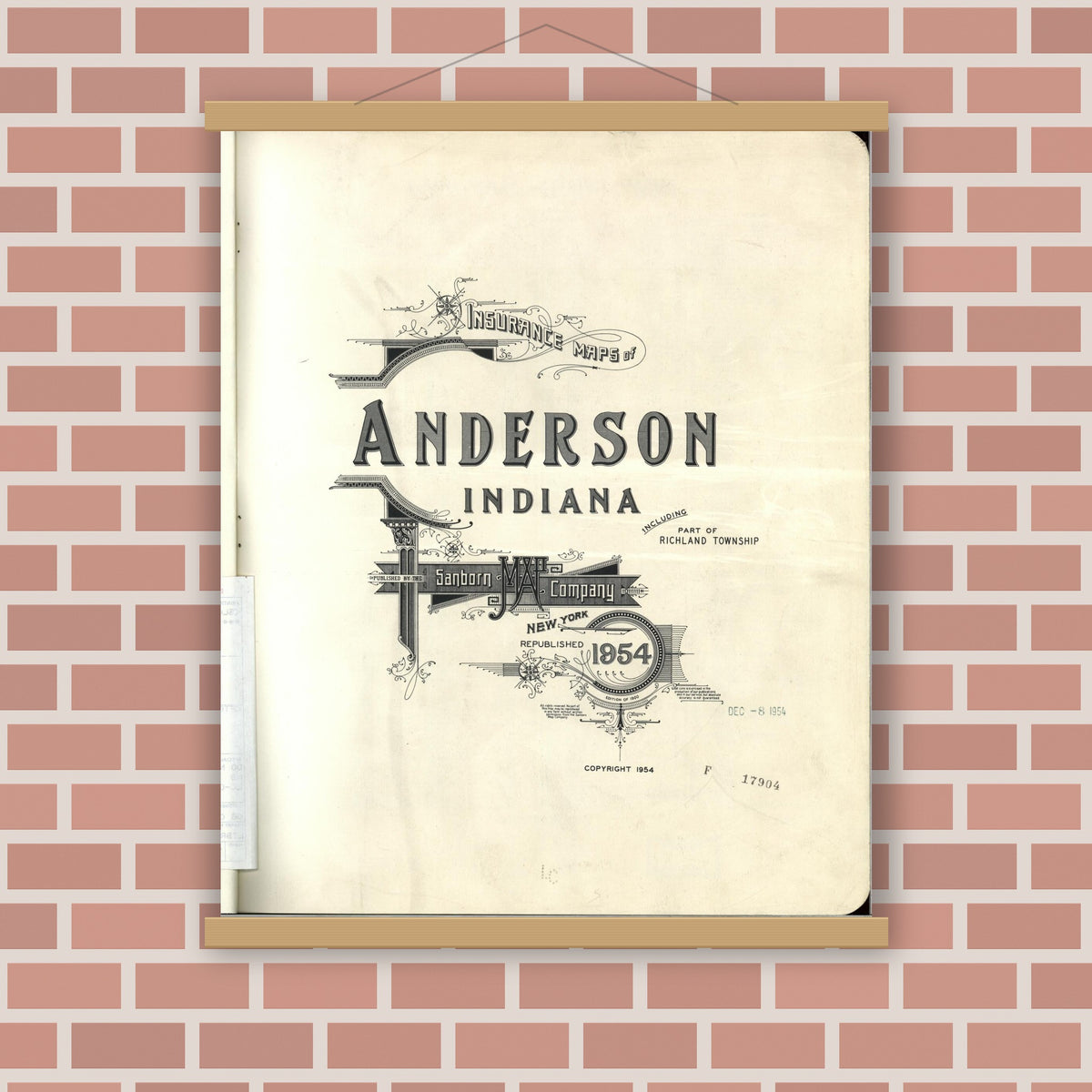 Old map wall art mockup — magnetic wood frame on brick wall — Sanborn Fire Insurance Map from Anderson, Madison County, Indiana (1954), Sheet #0001