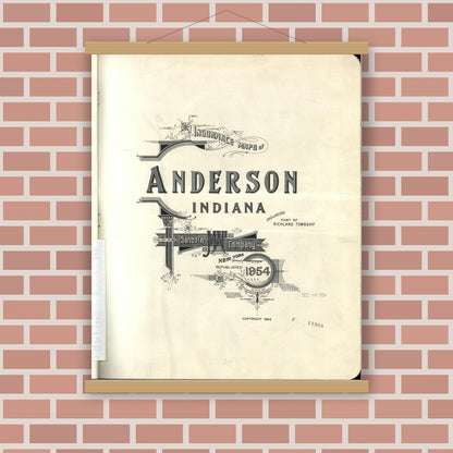Old map wall art mockup — magnetic wood frame on brick wall — Sanborn Fire Insurance Map from Anderson, Madison County, Indiana (1954), Sheet #0001