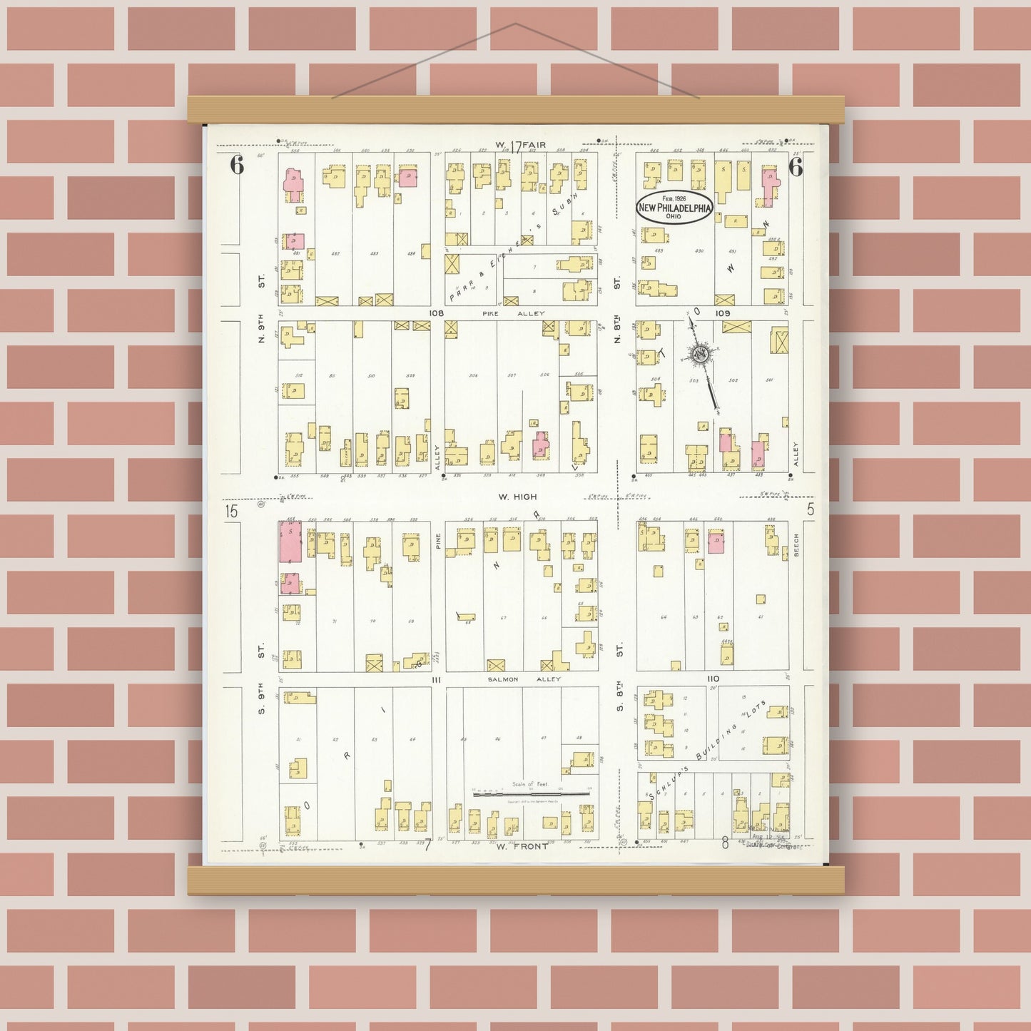 Old map wall art mockup — magnetic wood frame on brick wall — Sanborn Fire Insurance Map from New Philadelphia, Tuscarawas County, Ohio (1926), Sheet #0006