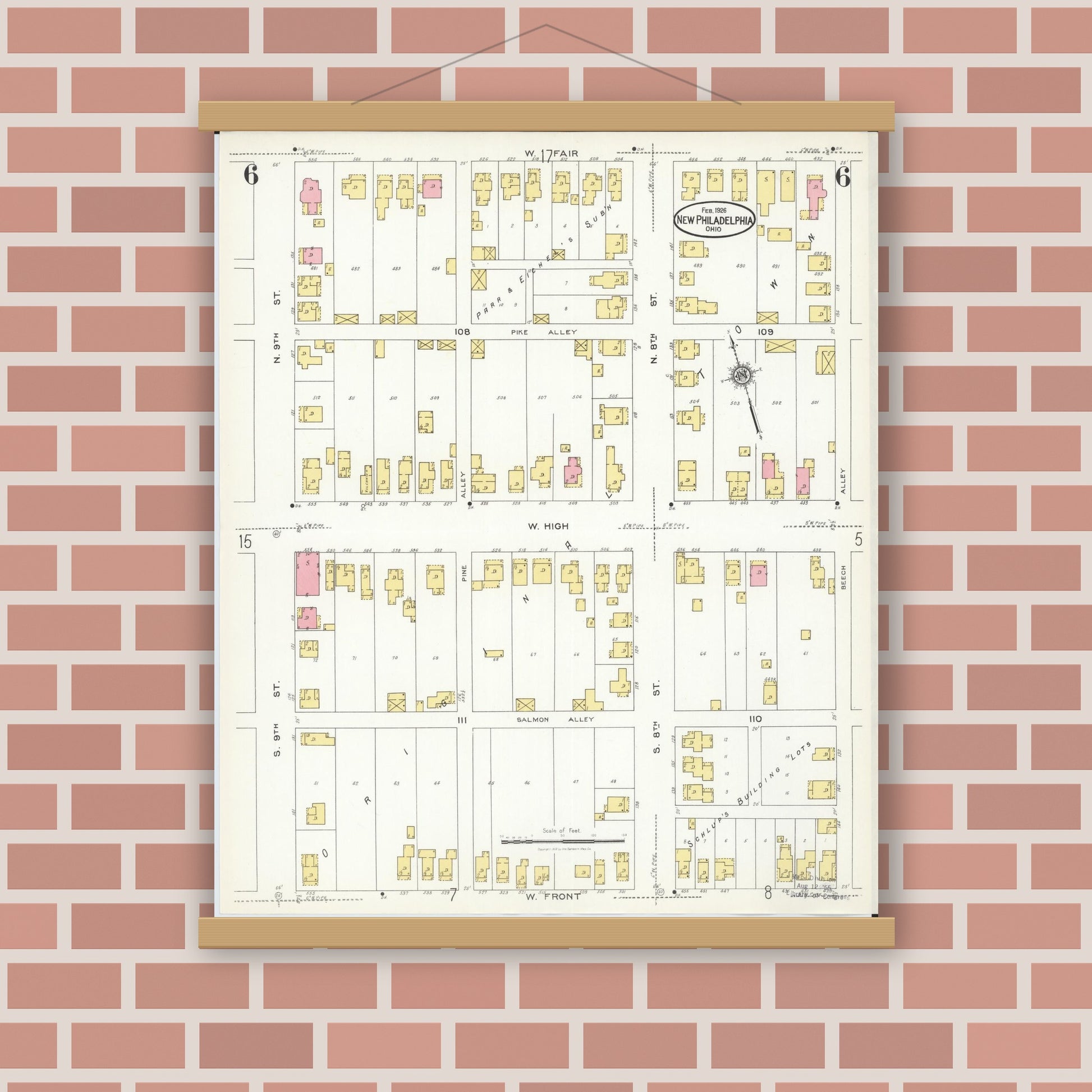 Old map wall art mockup — magnetic wood frame on brick wall — Sanborn Fire Insurance Map from New Philadelphia, Tuscarawas County, Ohio (1926), Sheet #0006