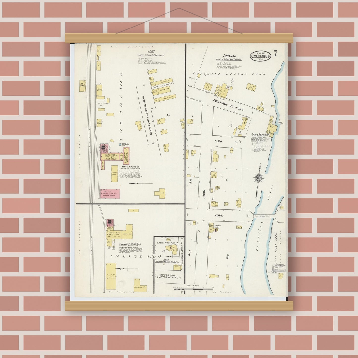 Old map wall art mockup — magnetic wood frame on brick wall — Sanborn Fire Insurance Map from Columbus, Columbia and Dodge County, Wisconsin (1915), Sheet #0007