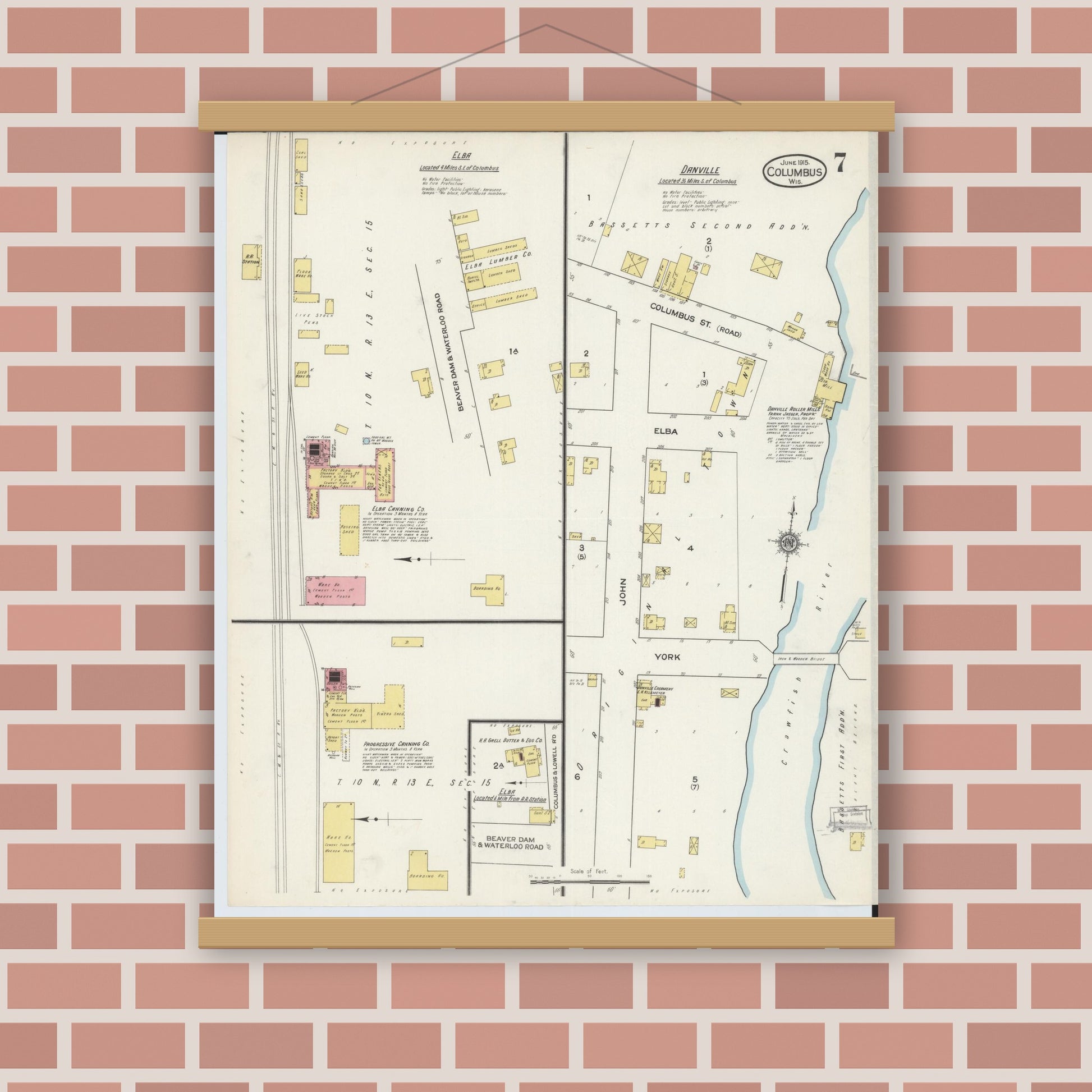 Old map wall art mockup — magnetic wood frame on brick wall — Sanborn Fire Insurance Map from Columbus, Columbia and Dodge County, Wisconsin (1915), Sheet #0007