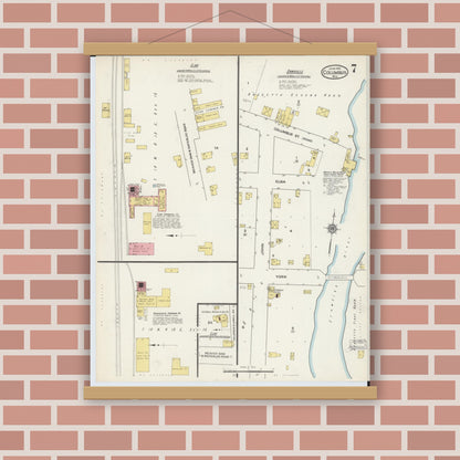 Old map wall art mockup — magnetic wood frame on brick wall — Sanborn Fire Insurance Map from Columbus, Columbia and Dodge County, Wisconsin (1915), Sheet #0007