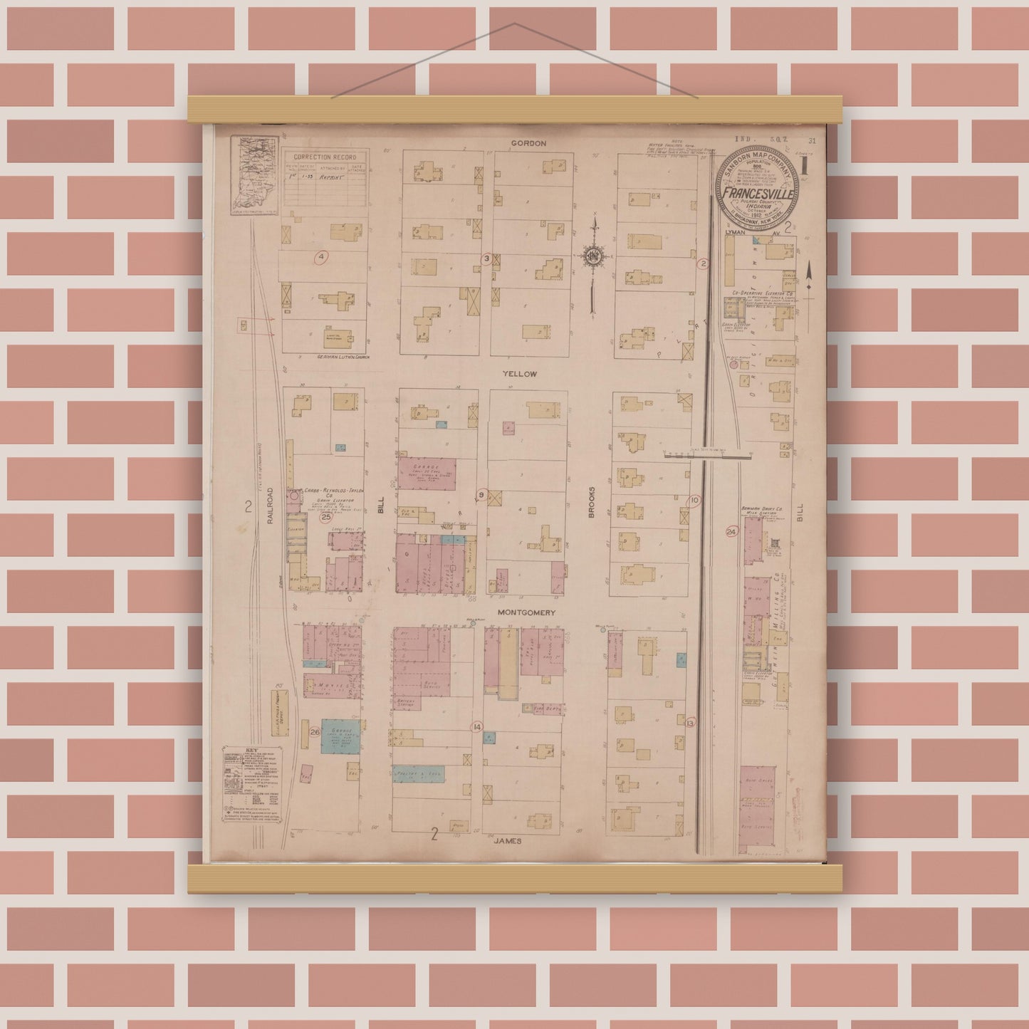 Old map wall art mockup — magnetic wood frame on brick wall — Sanborn Fire Insurance Map from Francesville, Pulaski County, Indiana (1933) - Complete Map Set