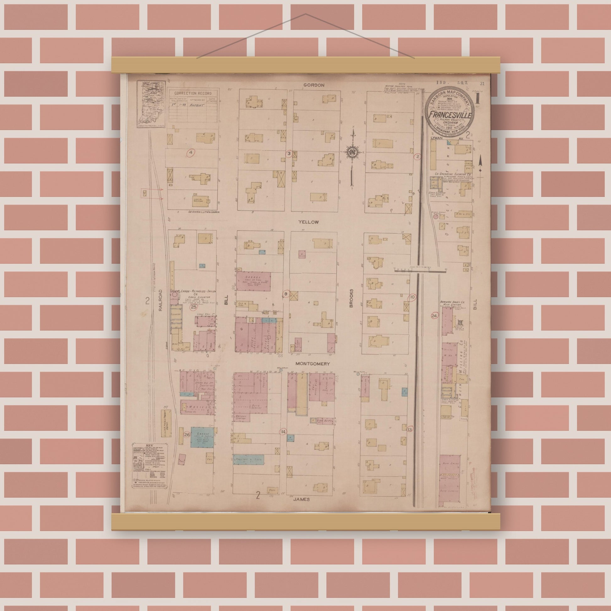 Old map wall art mockup — magnetic wood frame on brick wall — Sanborn Fire Insurance Map from Francesville, Pulaski County, Indiana (1933) - Complete Map Set