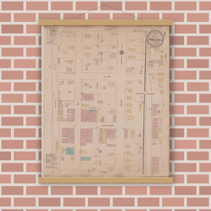 Old map wall art mockup — magnetic wood frame on brick wall — Sanborn Fire Insurance Map from Francesville, Pulaski County, Indiana (1933) - Complete Map Set